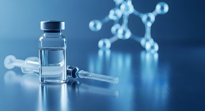 Syringe and glass vial with liquid on a table with molecular structure background for medical concepts