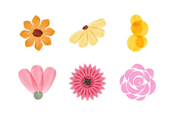 Various watercolor flowers are presented in a set. They are good for design and decoration. They include flowers with pink, yellow and orange tones.
