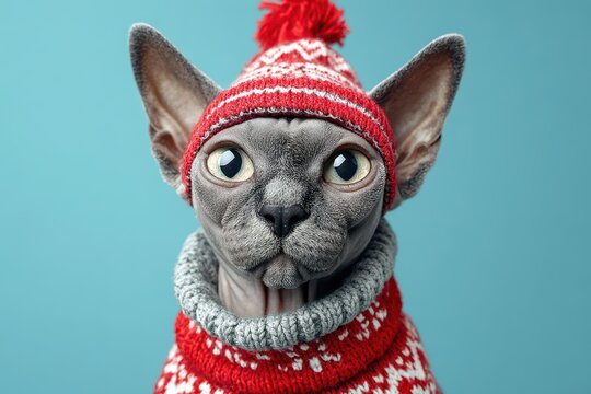 Cat Ugly Sweater. Gray Sphinx Cat in Santa Claus Christmas Hat and Ornamented Foulard