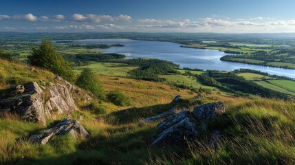 Celtic Dog. Panoramic View of Lower Lough Erne and Farmland in Northern Ireland