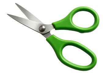 Stainless steel scissors with bright green ergonomic handles isolated , sharp blades for craft and office use