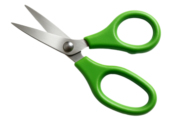 Stainless steel scissors with bright green ergonomic handles isolated , sharp blades for craft and office use