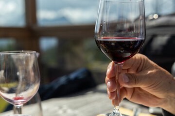 mano di uomo adulto che regge un calice riempito per metà con del vino rosso, di giorno, all'aperto, a pranzo