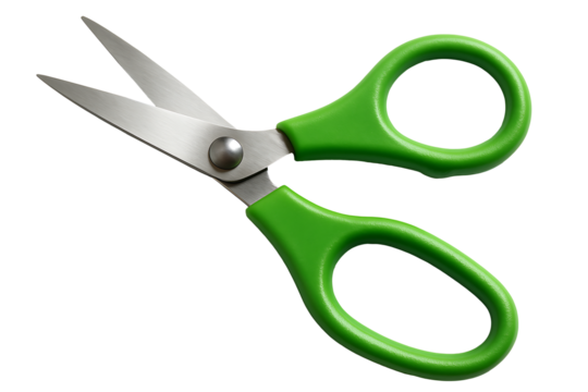 Stainless steel scissors with bright green ergonomic handles isolated , sharp blades for craft and office use