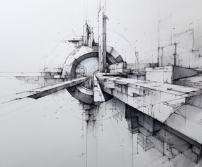 Abstract architectural sketch with geometric structures and line work