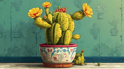 illustration of a cactus painting in a pot that has bright colors