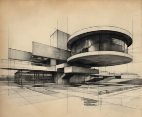 Architectural sketch of a modern building with a cantilevered design