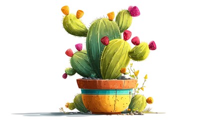 illustration of a cactus painting in a pot that has bright colors