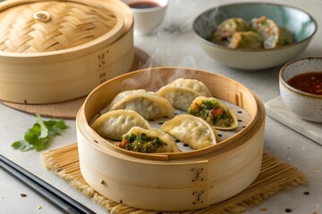 dumplings in bamboo steamer 