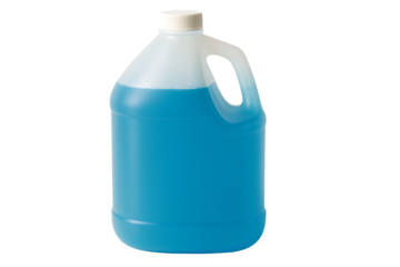 Translucent plastic bottle filled with a blue chemical liquid, such as a cleaning solution or industrial solvent, presented as a product mockup