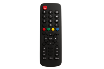 Universal TV remote control with numeric keypad, navigation ring, and colored media buttons isolated on white background, consumer electronics product image