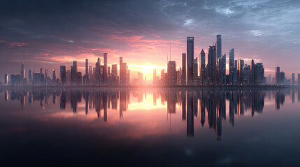 Fototapeta premium Photorealistic modern city skyline at sunset reflects beautifully on water, showcasing tall buildings and vibrant colors in sky. scene evokes sense of tranquility and awe