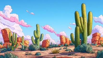 illustration of a painting of a cactus in a calm and beautiful desert