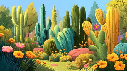 illustration of a painting of a cactus in a garden