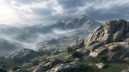 Photorealistic rugged terrain featuring rocky hills and distant mountains under cloudy sky, evoking sense of tranquility and natural beauty