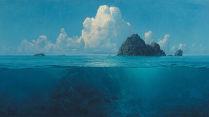 Ocean split view with rocky islands and cloudscape on a blue day