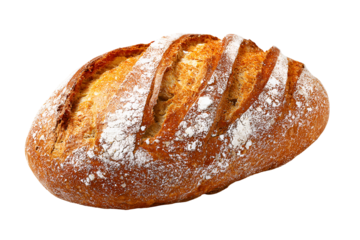 Rustic artisan bread loaf with flour dusting isolated on black background