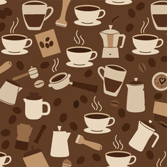 Seamless pattern of coffee cups, beans, and brewing equipment on a brown background with a warm and cozy mood.