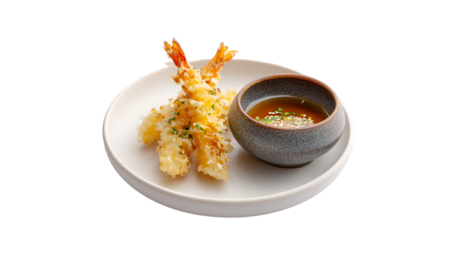 Golden fried shrimp tempura beautifully arranged on a white plate with a rustic bowl of tentsuyu dipping sauce