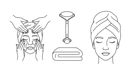 Woman receiving facial massage using jade roller and towel vector line art illustration for spa and beauty treatments