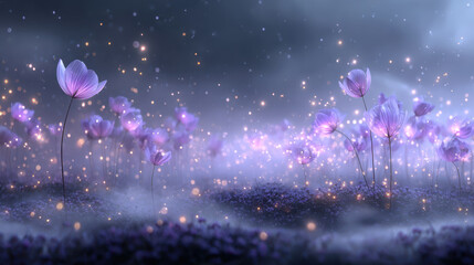 Naklejka premium Surreal glowing meadow with floating luminous flowers creates magical atmosphere filled with soft light and enchanting colors. scene evokes sense of wonder and tranquility