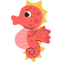 Coral orange seahorse cartoon illustration with yellow spiky fins and pink body segments on transparent background detailed cartoon style