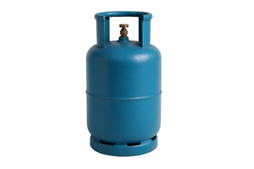Blue LPG gas cylinder with protective handle ring and brass valve isolated on white, domestic fuel container product image