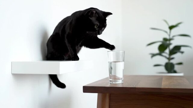 Funny cat deliberately pushing a glass off a table
