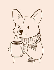 Line sketch of a corgi dog wearing a scarf, holding a coffee mug, ideal for logo or branding. Cute, playful animal illustration perfect for cozy, friendly, and approachable designs