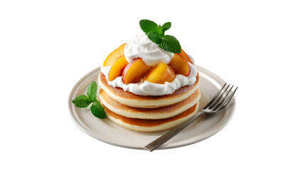 A delicious stack of fluffy pancakes is topped with whipped cream fresh peach slices and a sprig of mint