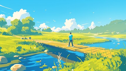 illustration of a river landscape painting with a wooden bridge and a man walking