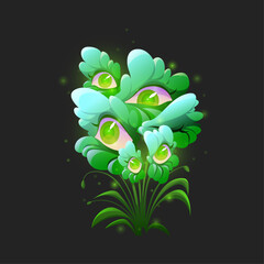 Enigmatic and Ethereal Greenery with Mystical Glowing Eyes on a Dark Background