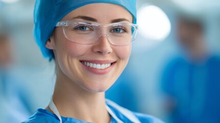 Smiling female surgeon in scrubs and safety glasses in operation room