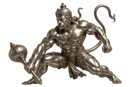 Dynamic 3D Render of Lord Hanuman, the Vanara God, Portrayed as an Extremely Powerful and Chiseled Warrior with Ornate Crown and Jewelry