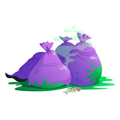 Cartoon illustration of overflowing garbage bags, emitting toxic fumes and green sludge