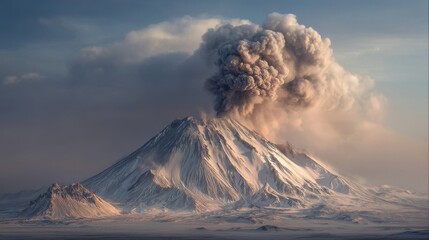 Dramatic volcanic eruption with snow-covered peak and ash plume at sunset