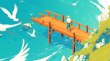 illustration of a landscape painting showing a peaceful rural atmosphere and a beautiful wooden bridge