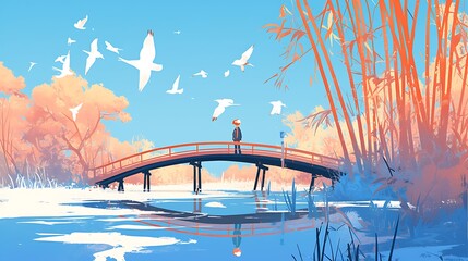 illustration of a landscape painting showing a peaceful rural atmosphere and a beautiful wooden bridge