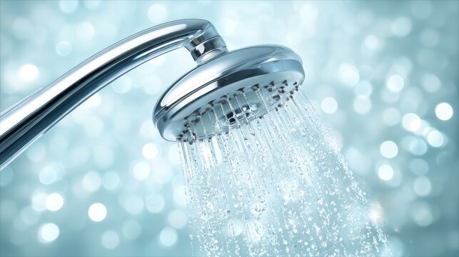 Chrome shower head with running water on a blue bokeh background - Powered by Adobe