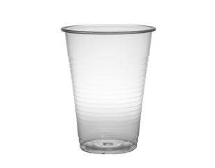 Transparenter Plastikbecher isoliert auf weißem Hintergrund, Einwegbecher, Freisteller