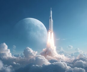 Naklejka premium Dramatic rocket launch above the clouds with planet background concept