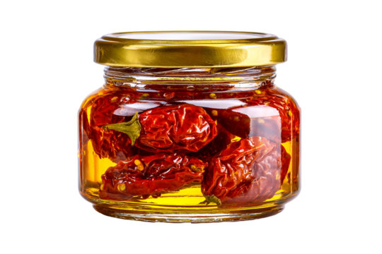 Small glass jar filled with sun dried tomatoes preserved in olive oil