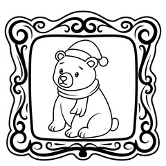 Christmas photo frames and cute animals black outline. bear.