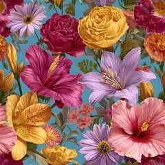 Vibrant floral pattern with a variety of colorful flowers in bloom