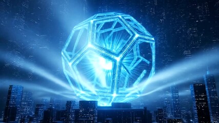 Futuristic cityscape with a glowing geometric structure illuminating the night - Powered by Adobe