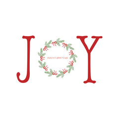 New Year's card  Joy with wreath made of pine branches and pine cones Christmas illustration Vector holiday design