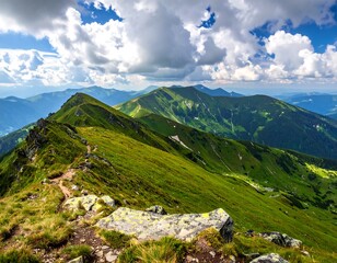 Sunny mountain ridge with lush green vegetation under puffy white clouds