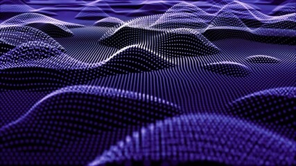 Abstract 3D animation of glowing purple particles forming smooth digital waves. Futuristic data landscape visualizing technology, and network connections.Backgrounds, science. Seamless looping video - Powered by Adobe