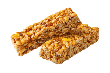 Two delicious homemade granola bars with oats nuts and dried fruit on a black background