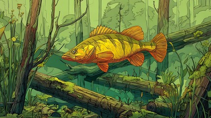 Illustration of a landscape painting of freshwater fish against a rocky water background with plants and driftwood.